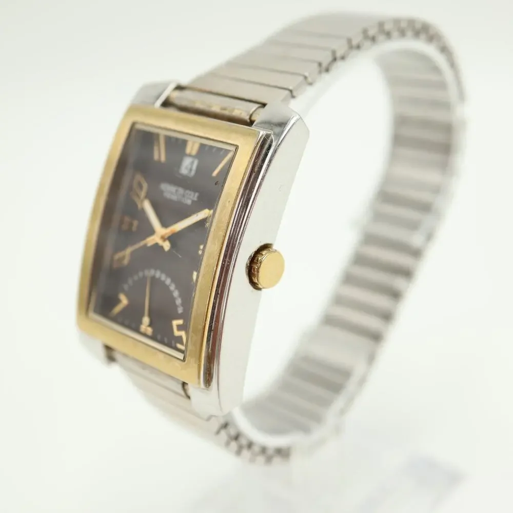 Reaction Kenneth Cole Two Tone 34mm Watch Brown Retrograde Stretch w New Battery